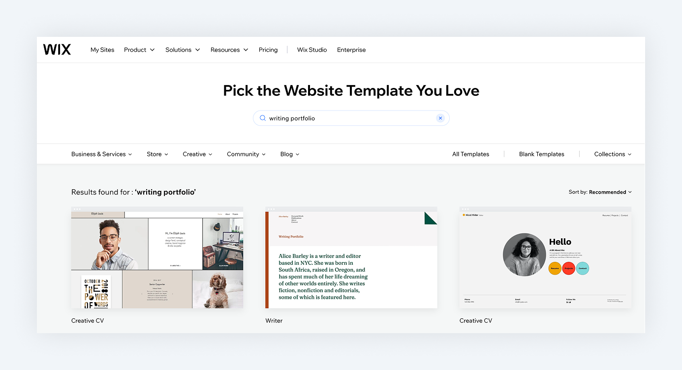 wix free writing portfolio templates