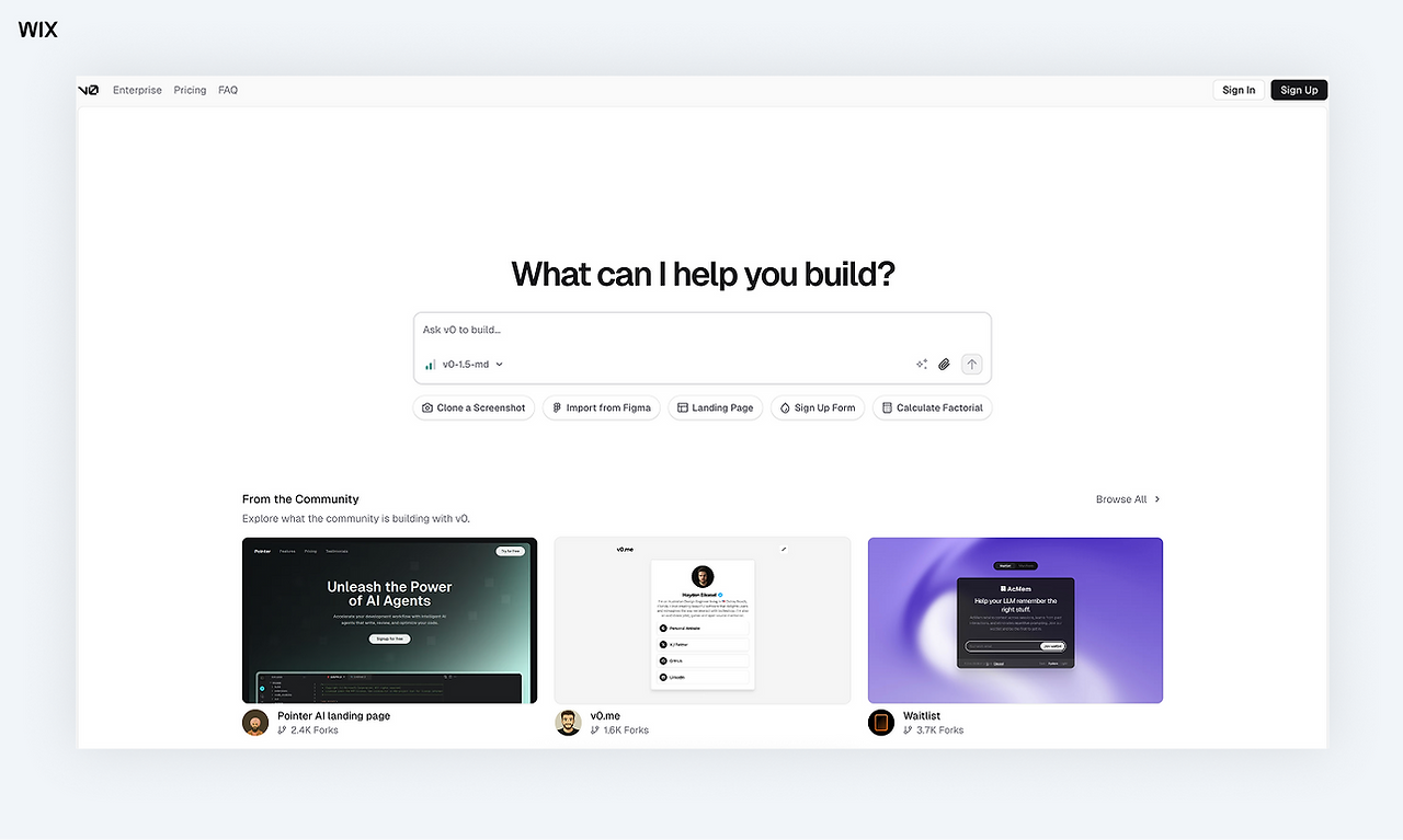 v0 homepage screenshot