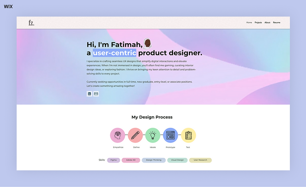 Website showcasing Fatimah, a product designer, with pastel backgrounds. Design process icons and skills like Figma, Adobe XD below text.