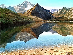 painting, landscape, mountains, reflection, water, lake, blue sky, acrylics, landscape