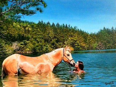 painting, painting with acrylics, landscape, river, trees, horse, girl, blue sky.