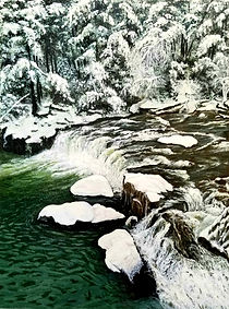 painting, winter stream, snow, winter trees, acrylics, landscape