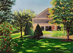 paining, painting with oils, landscape, house, trees, green lawn.