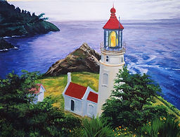 painting, painting with acrylics, landscape, lighthouse, water tress, hill