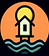 Logo of The Lakeside House featuring a stylized depiction of a lakeside view at sunset, with a small house silhouetted against an orange sky and the sun setting over the water.