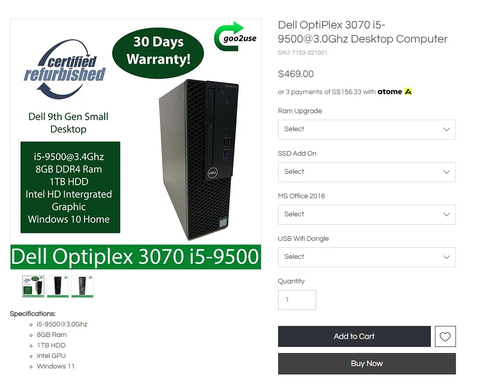 Dell OptiPlex 3070 i5-9500@3.0Ghz Desktop Computer
