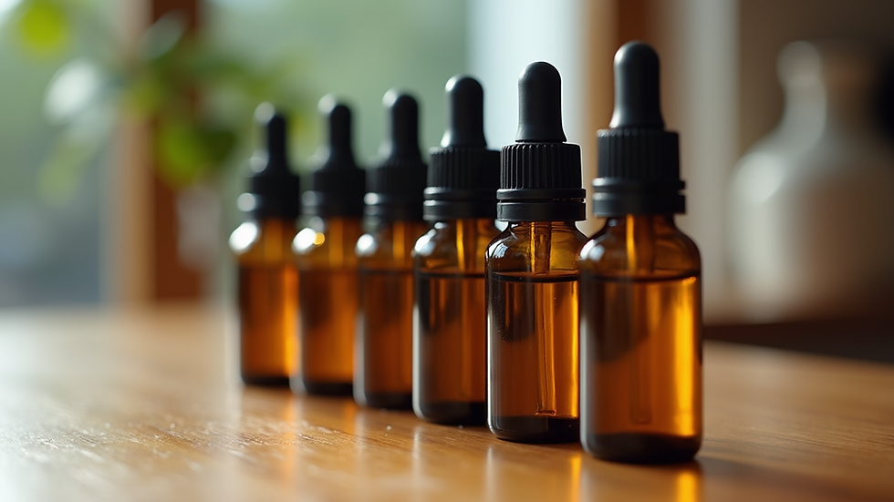 Close-up view of essential oil bottles arranged on a wooden table