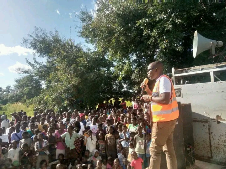 CISE Executive Director Davis Damson speaks to attendees at one of the 11 road show events in Mchinji District of central Malawi.