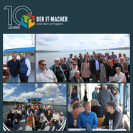 Kunden, Partner und Mitarbeitende der DER IT-MACHER GmbH während der Jubiläums-Dampferfahrt auf der „MS Bernried“ auf dem Starnberger See anlässlich des 10-jährigen Firmenjubiläums.