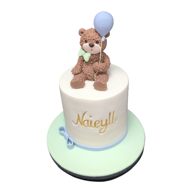 Bespoke teddy bear baby cake with pastel fondant and detailed icing in Solihull, West Midlands celebration.