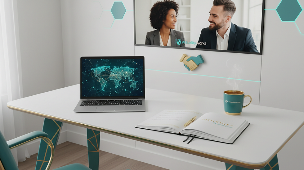 Eye-level view of a modern home office setup with a laptop and notebook