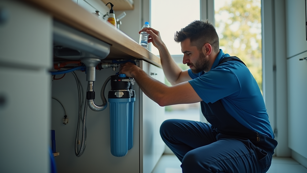 Eye-level view of a technician installing a water filtration system under a kitchen sink
