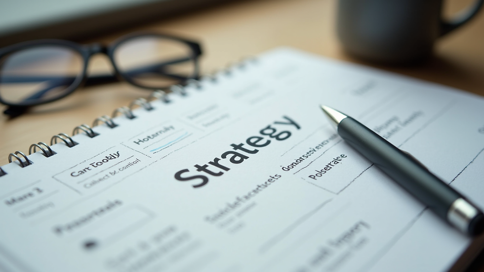 Close-up view of a notebook with business strategy notes and a pen