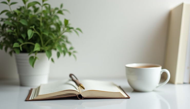 Close-up view of a calm workspace with a journal, plant, and cup of tea