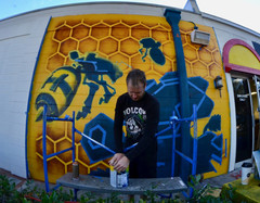 BeeBot mural 2019 completed by muralist Christian Stanley as a part of the Sam Flax Wall Mural Project. Orlando, Florida