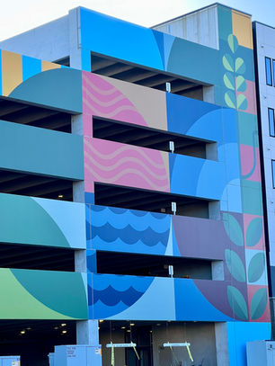 Large geometric mural with net-zero living shapes and symbols