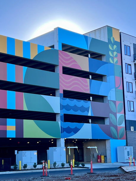 Large geometric mural with net-zero living shapes and symbols