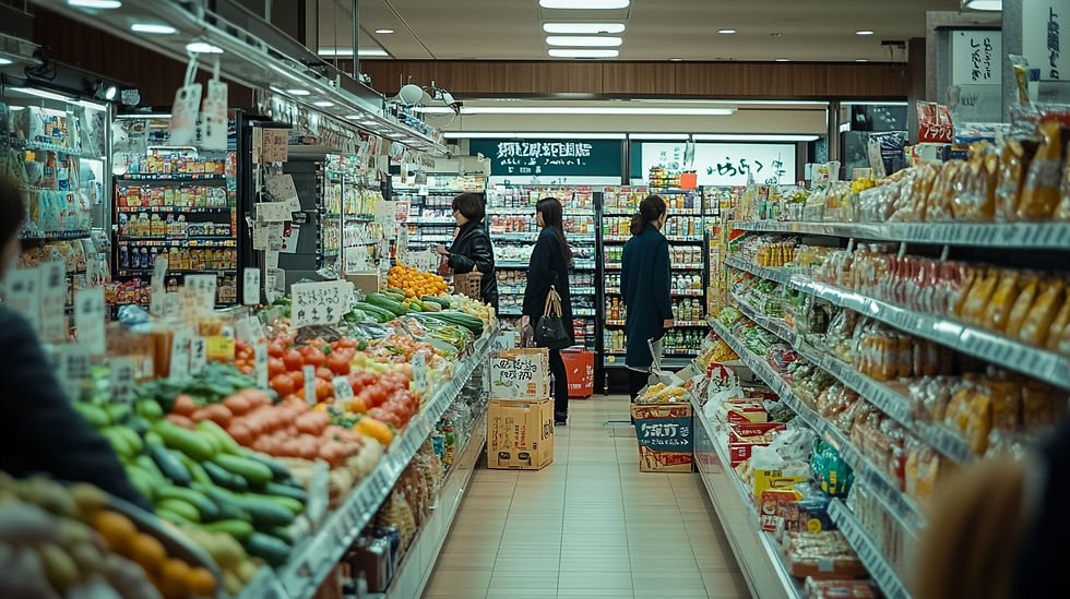 Wide range of products in a traditional Japanese supermarket.