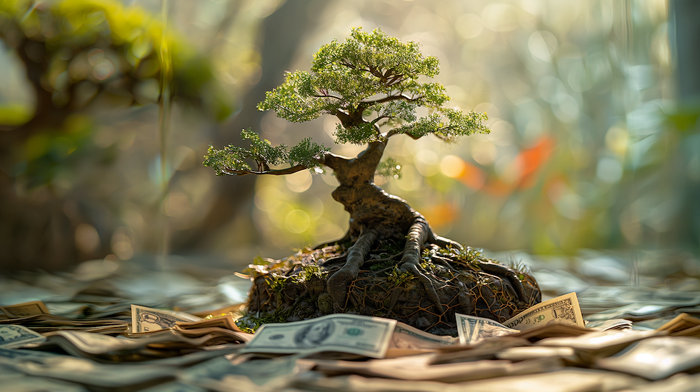 Bonsai tree growing from a pile of money