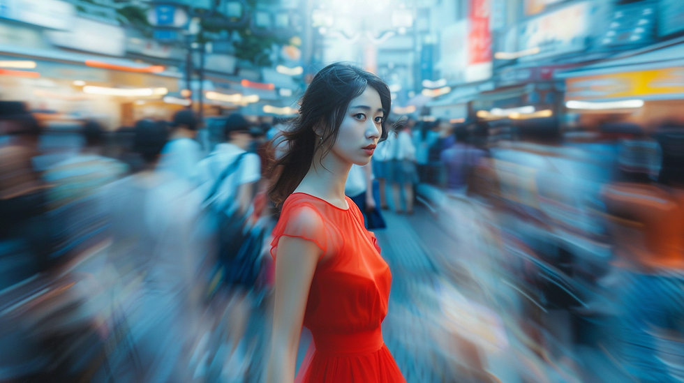 women dressed in red crossed a busy street, background motion blur.