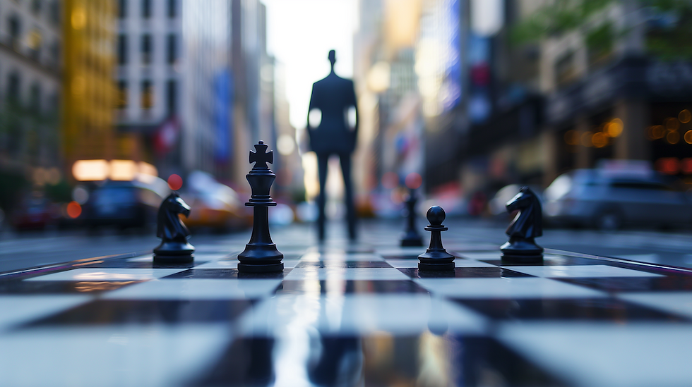 Chess board on ground with human figure out of focus in the distance.