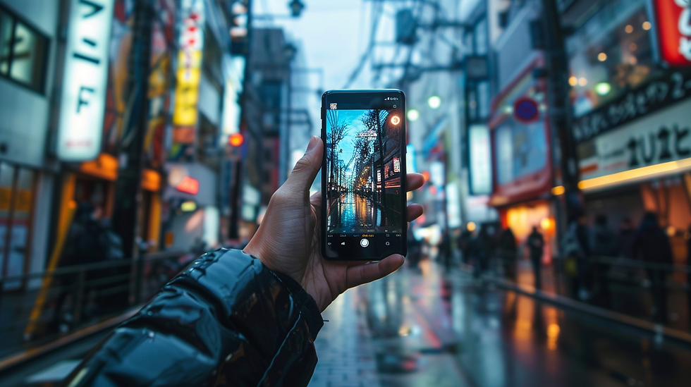 Person hold camera up in the middle of the street in Tokyo.