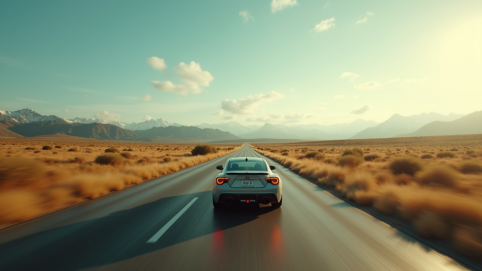 Wide angle view of a cinematic car driving through a scenic landscape