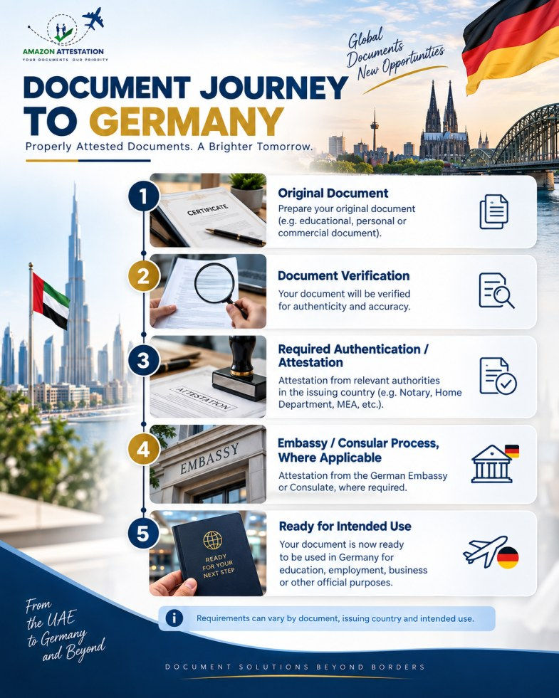 Infographic titled Document Journey to Germany showing 5 attestation steps, UAE/German flags, skyline, embassy, and document icons.