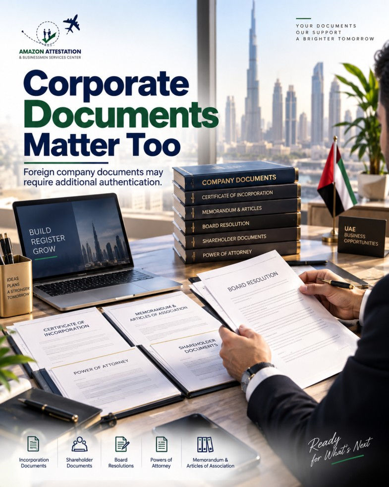Man reviews corporate documents at a desk with laptop, stacked files, UAE flag, and Dubai skyline; text: Corporate Documents Matter Too.