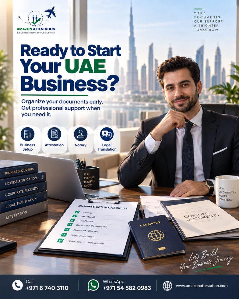 Suited man at desk with UAE skyline behind him, promoting business setup services; text says Ready to Start Your UAE Business?