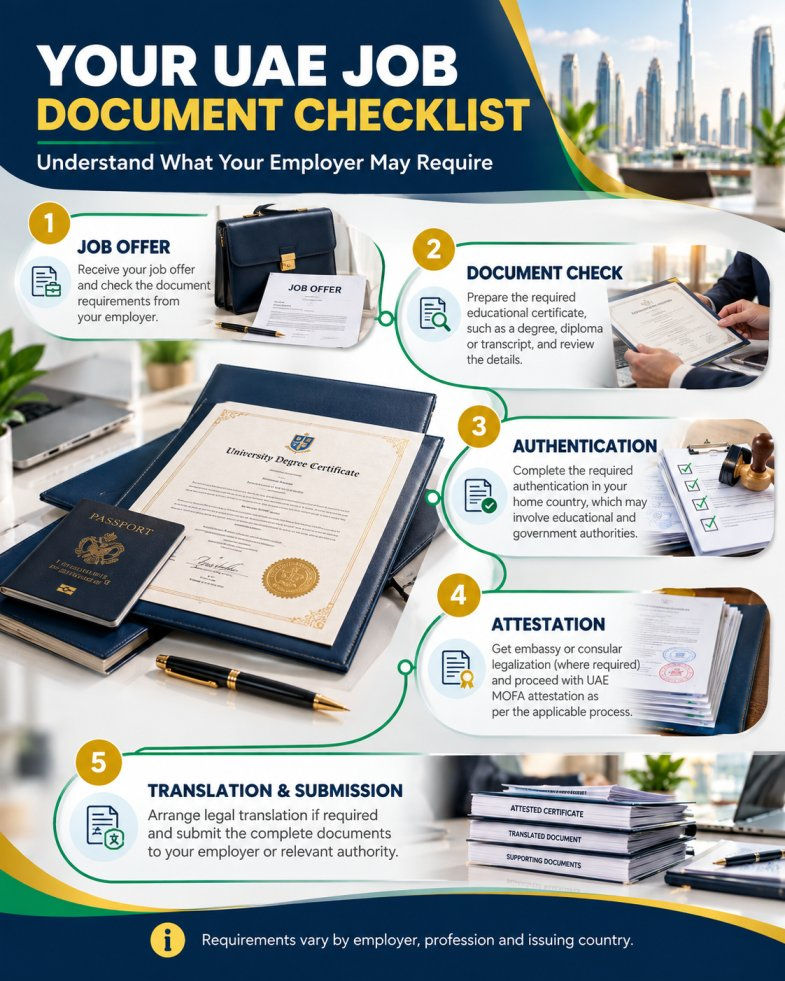 Infographic titled Your UAE Job Document Checklist showing 5 steps with passport, degree, attestation, translation, and skyline background