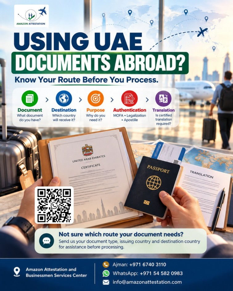Airport-style ad for Amazon Attestation: UAE documents, passport, certificate, translation forms, QR code, and process steps.