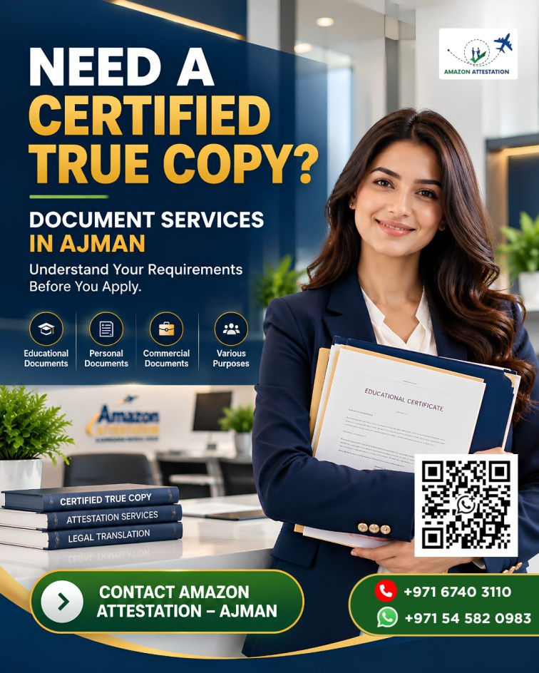 Promotional poster with smiling woman holding documents beside text: Need a Certified True Copy? Document Services in Ajman.