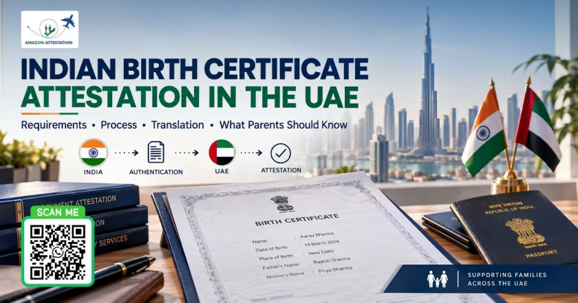 Indian birth certificate attestation in the UAE for parents, showing document verification and UAE attestation process