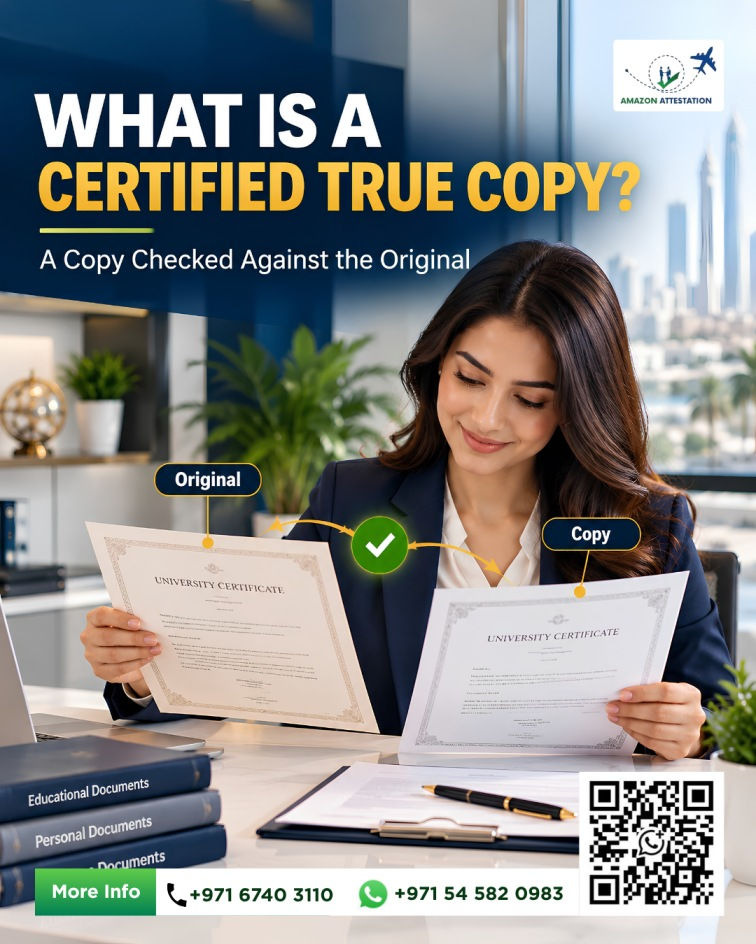 Woman in office compares two university certificates labeled Original and Copy, with text What is a Certified True Copy?