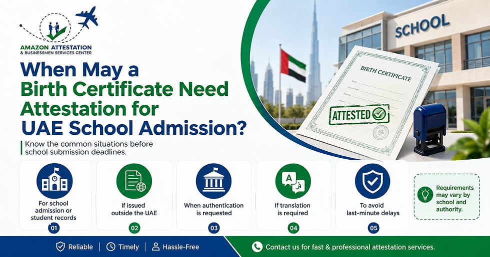 Infographic explaining when birth certificate attestation may be required for UAE school admission.