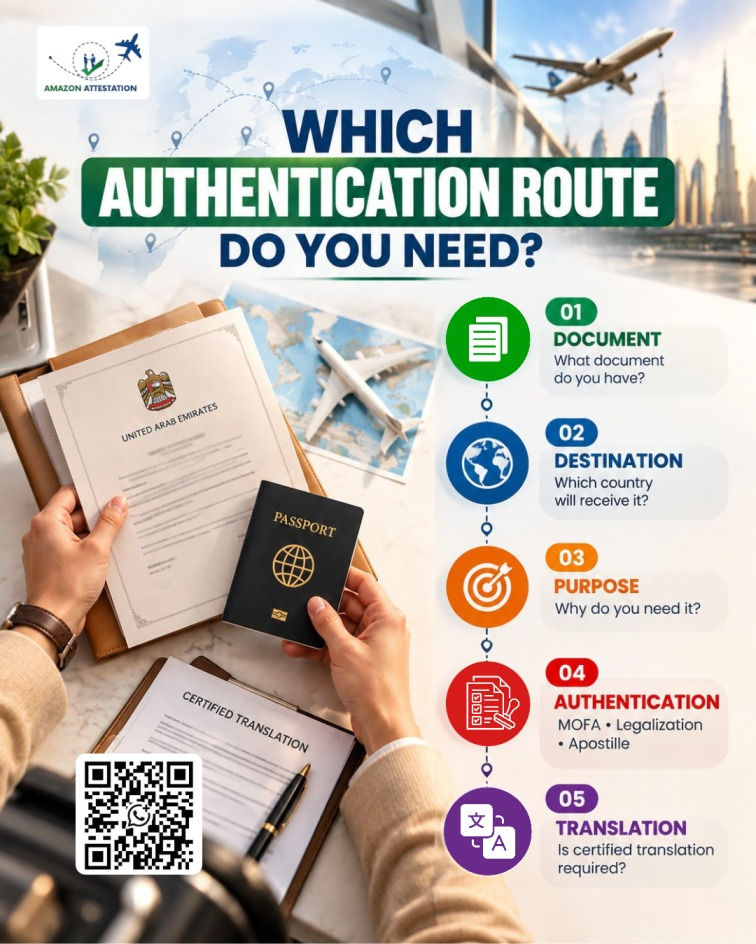 Hands holding UAE document, passport and certified translation on desk; infographic asks Which Authentication Route Do You Need?