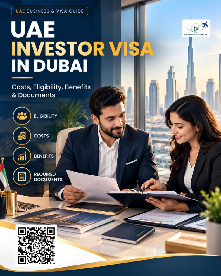 UAE investor visa support by Amazon Attestation and Businessmen Services, featuring a business consultant and entrepreneur reviewing documents in a Dubai office, with document attestation, MOFA and embassy assistance, legal translation, and business documentation services.