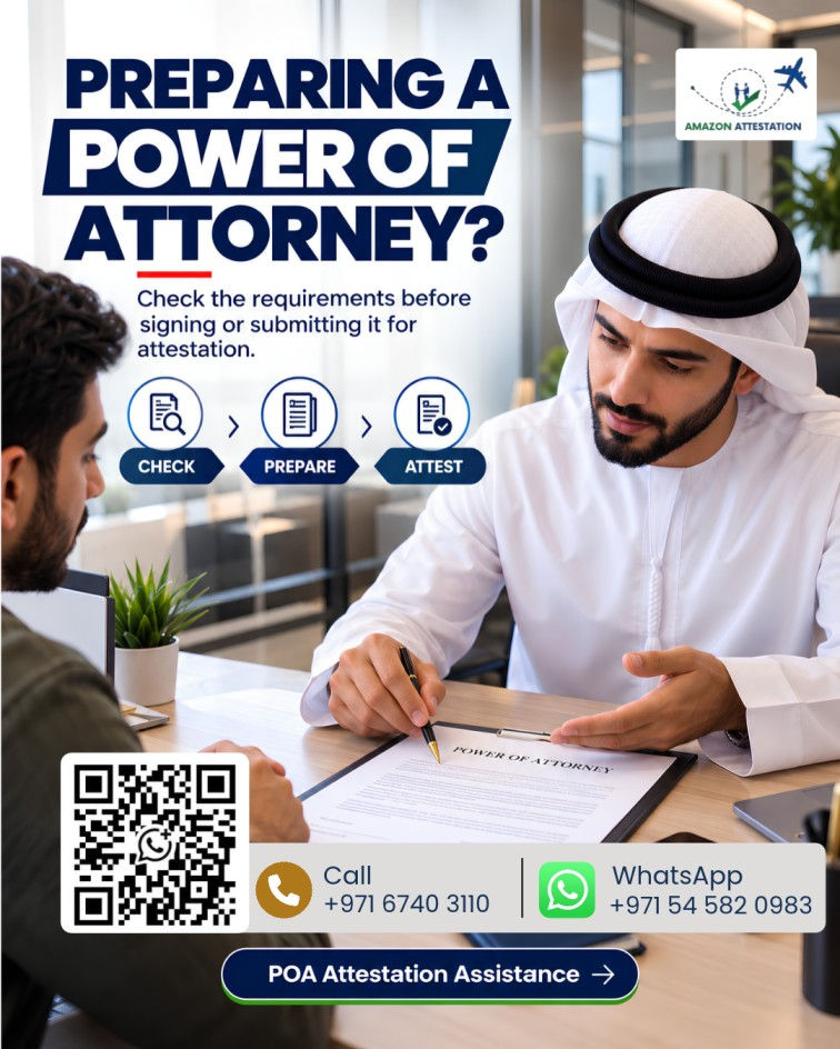 Man in white kandura signs a power of attorney form with a client in an office; ad text reads Preparing a Power of Attorney?