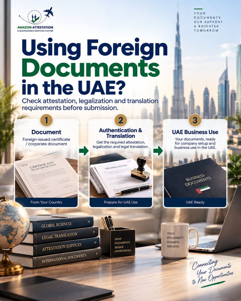 Poster reading Using Foreign Documents in the UAE, with Dubai skyline, attestation steps, and legal papers on an office desk.