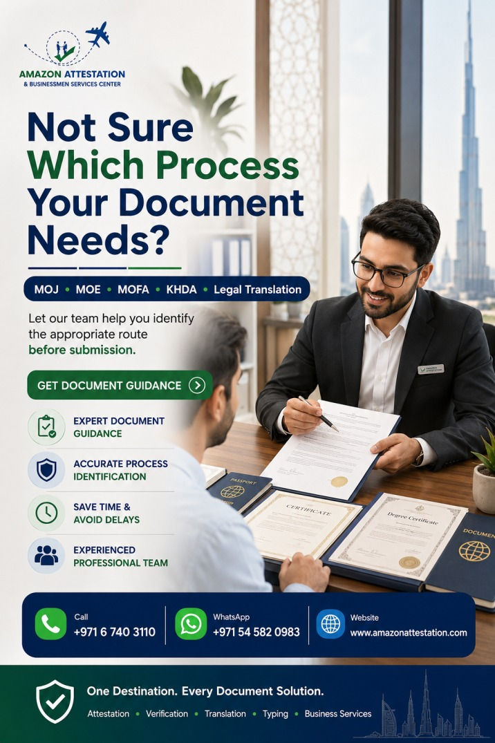 Amazon Attestation ad: consultant guides client on documents in office, with Dubai skyline, headline text, and service contact info.