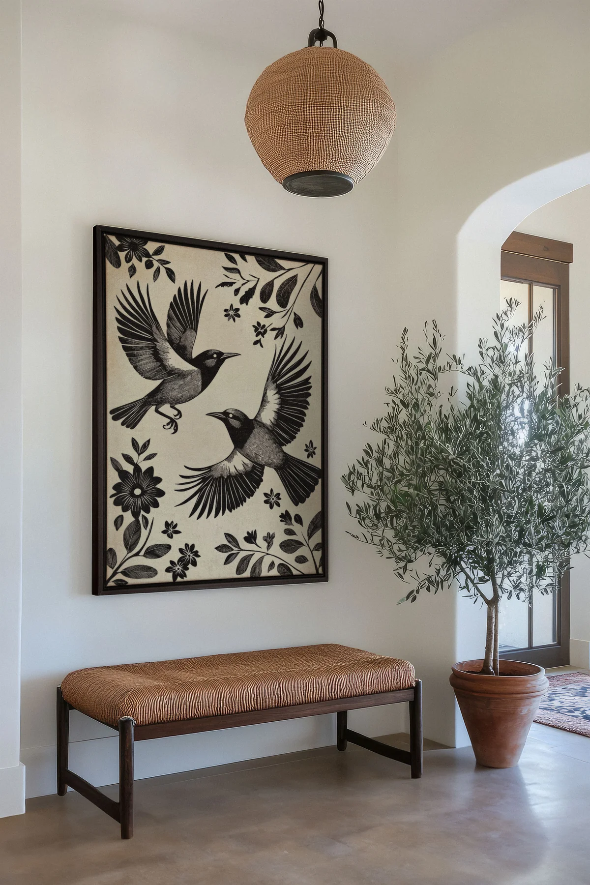 toile aux ailes sombres avec entrée d'oiseaux avec banc et vase à plantes