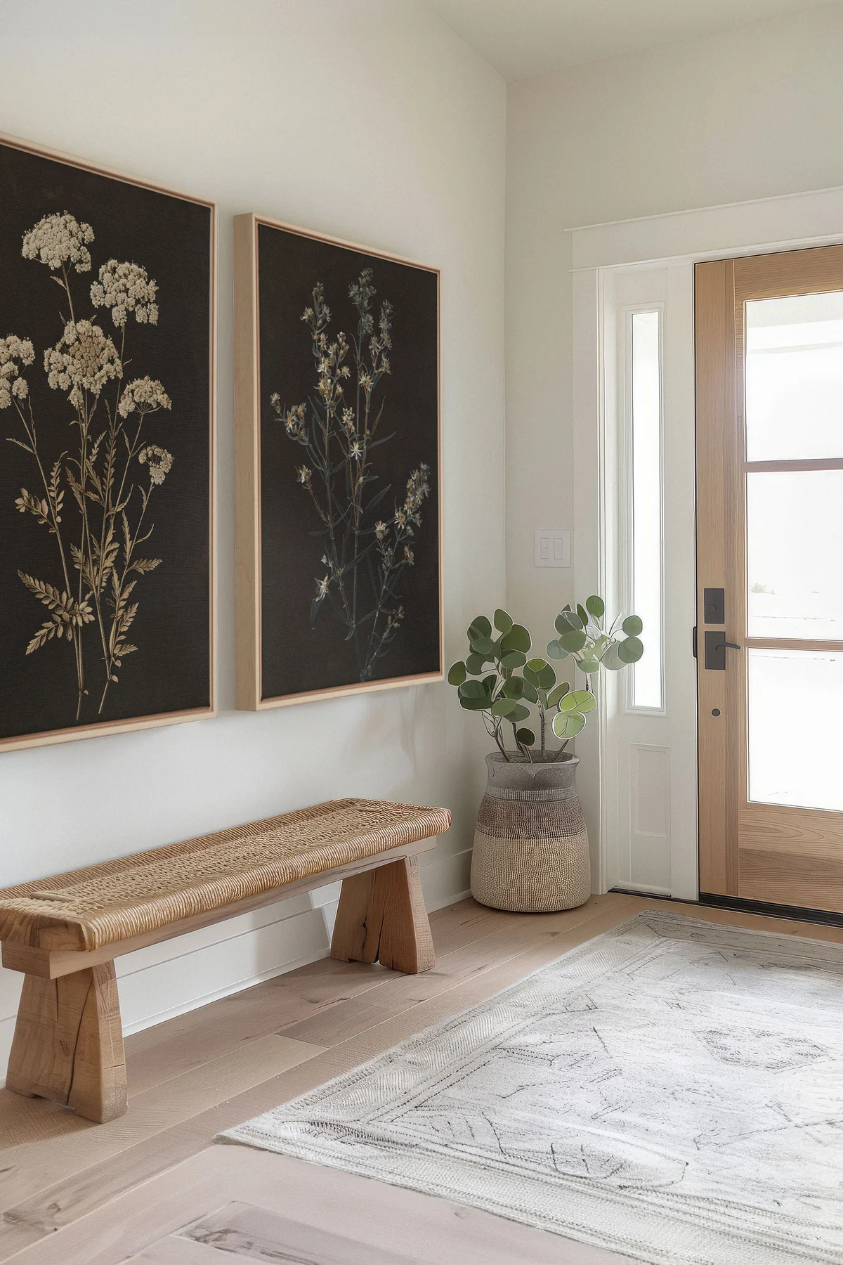 Toile Duo Fleurs Précieuses, deux grandes toiles noires pour décoration d'entrée maison