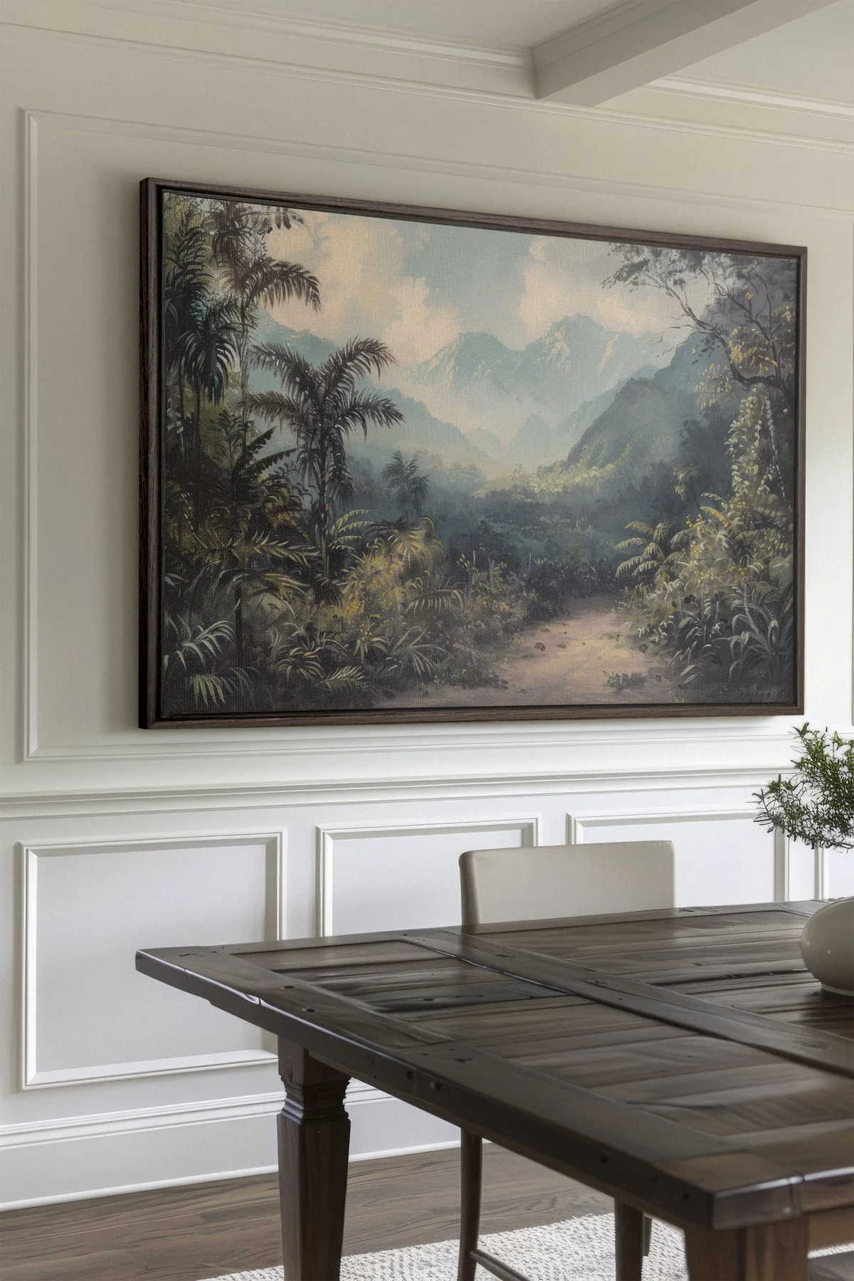 Salle à manger avec grande toile Golden Realm d'Oleka Canvas