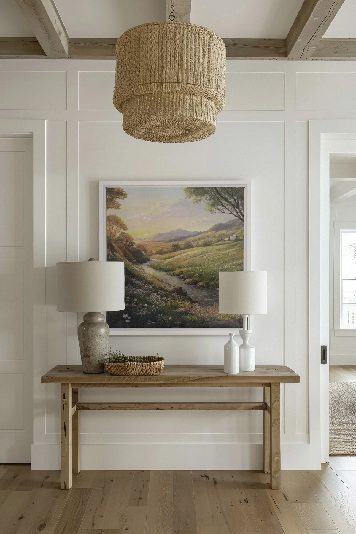 entrée moderne blanche et marron avec toile carrée et lumières