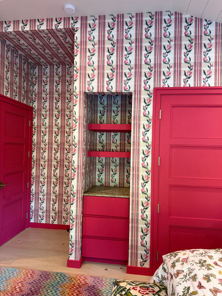 Antoinette Poisson wallpaper installation with painted trim in Wellington FL Bedroom
