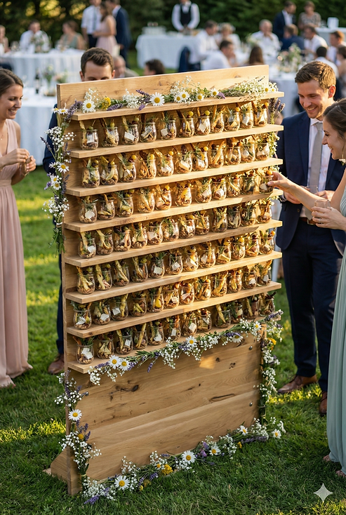 Die holzige Genusswand mit vielen Charcuterie WECK Glesli mit Apéro Komponenten. Dekoriert mit Trockenblumen.