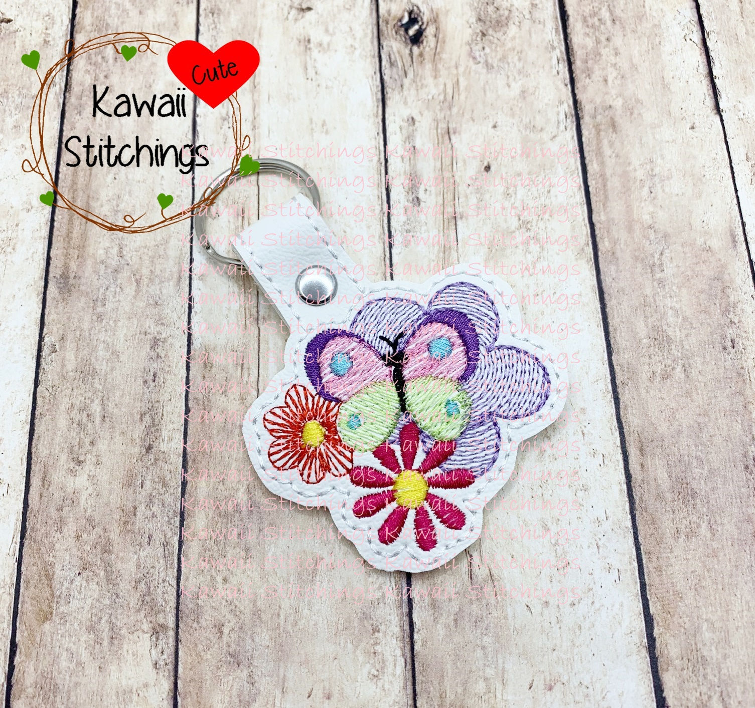 Sketchy Spring Bloom Flowers and Butterfly Key Fob