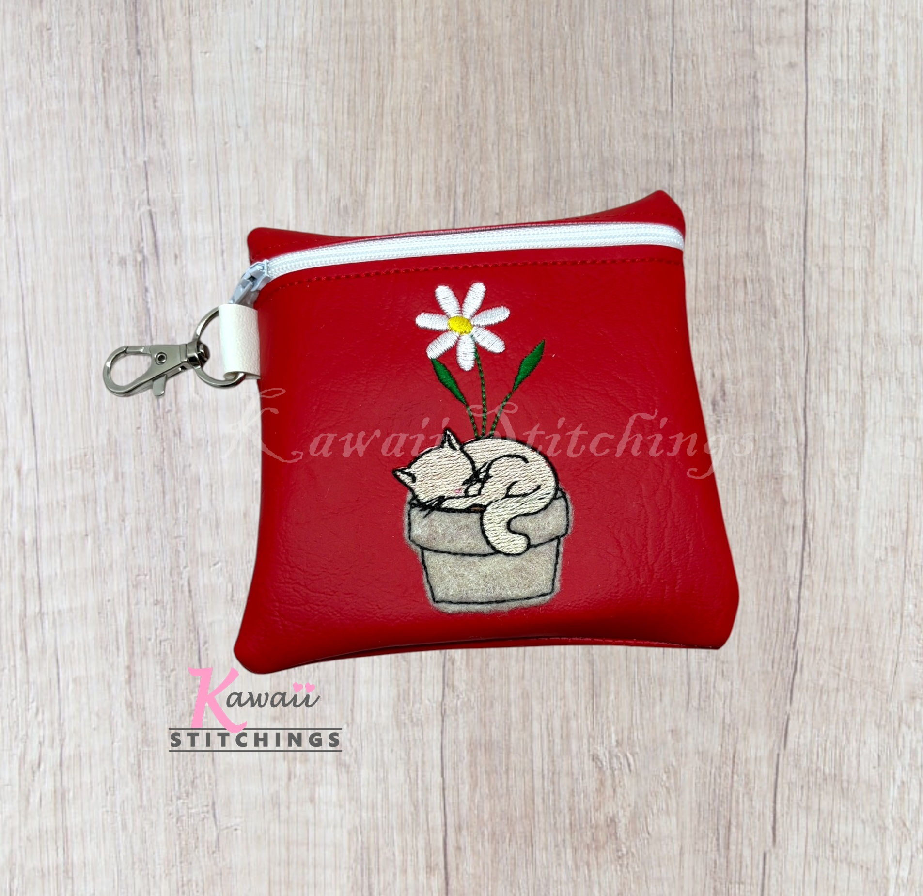 Flowerpot Cat Raw Edge Applique Zipper Bag 5x5