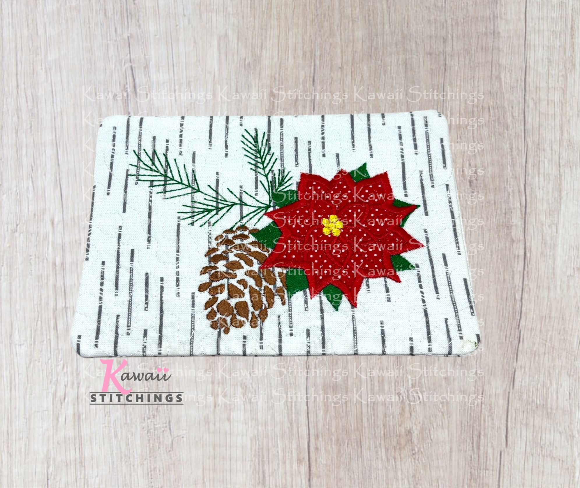 copy of Pinecone and Poinsettias Applique Mug Rug Overlap Envelope Finish 6x8